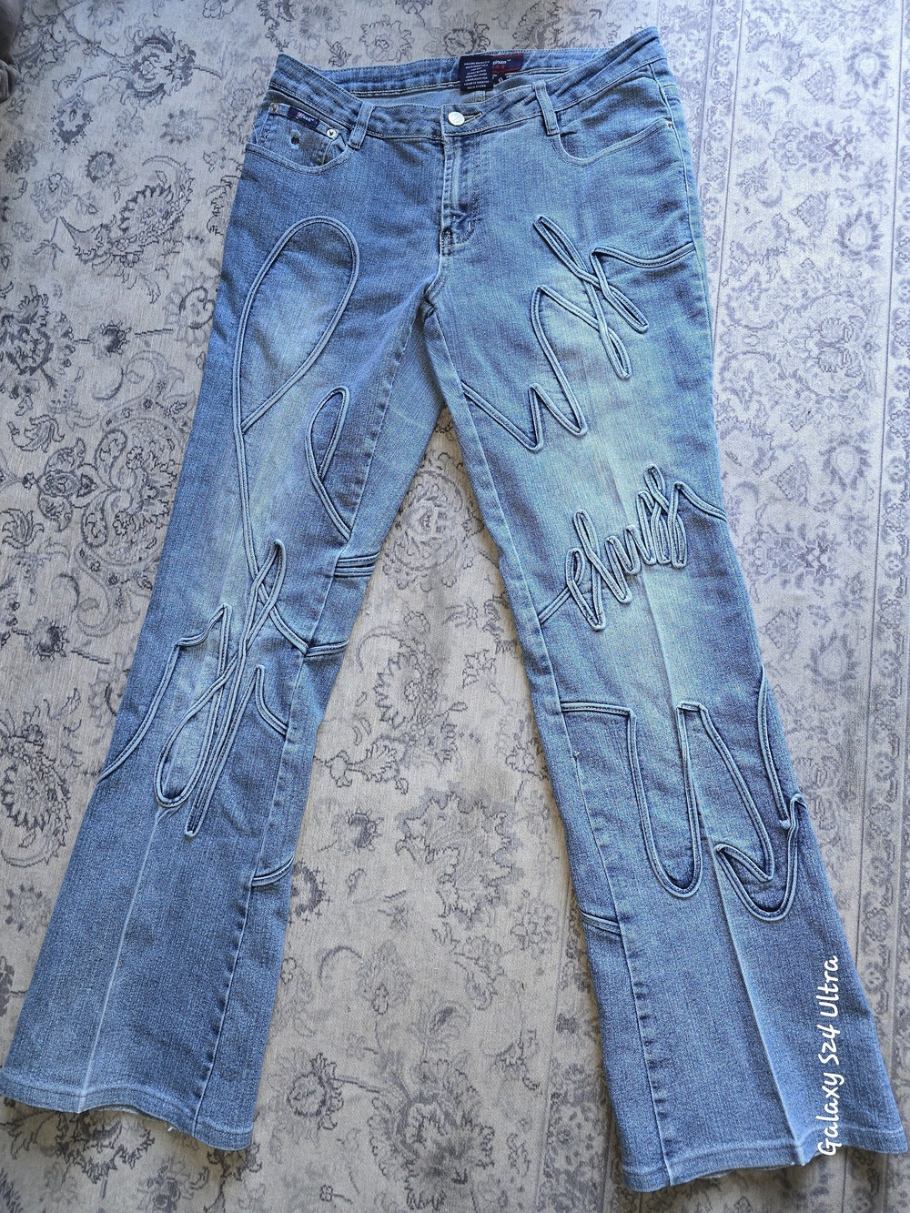 Embellished Light Wash Flared Jeans with Appliqué Detailing By Platinum Plush